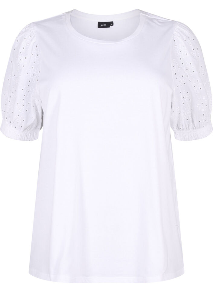 Blus i ekologisk bomull med broderie anglaise-ärmar, Bright White, Packshot image number 0