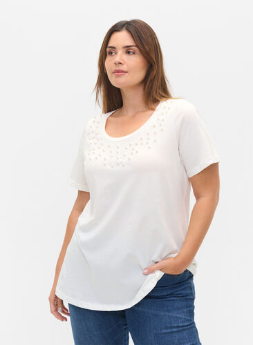 Bomulls-t-shirt med pärlor, Warm Off-white, Model image number 0