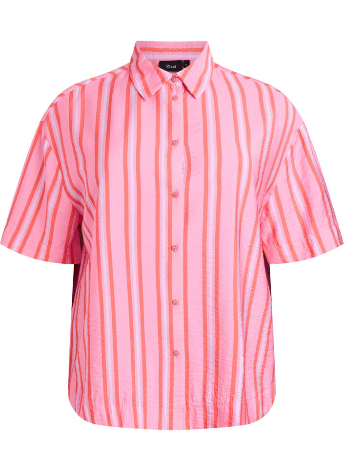 Kort&auml;rmad randig skjorta i viskos, Rosa, Packshot image number 0