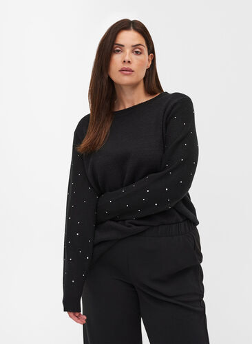 Stickad ribbad tröja med dekorativa stenar, Black, Model image number 0