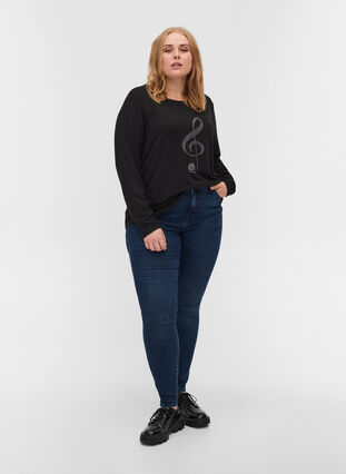 Långärmad tröja med dekorativt mönster, Black, Model image number 2