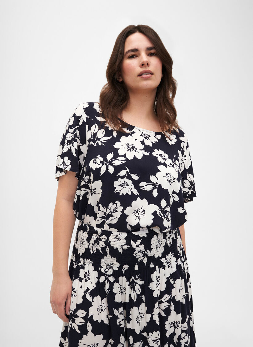 FLASH – Kortärmad viskosblus med tryck, Blå, Model image number 0