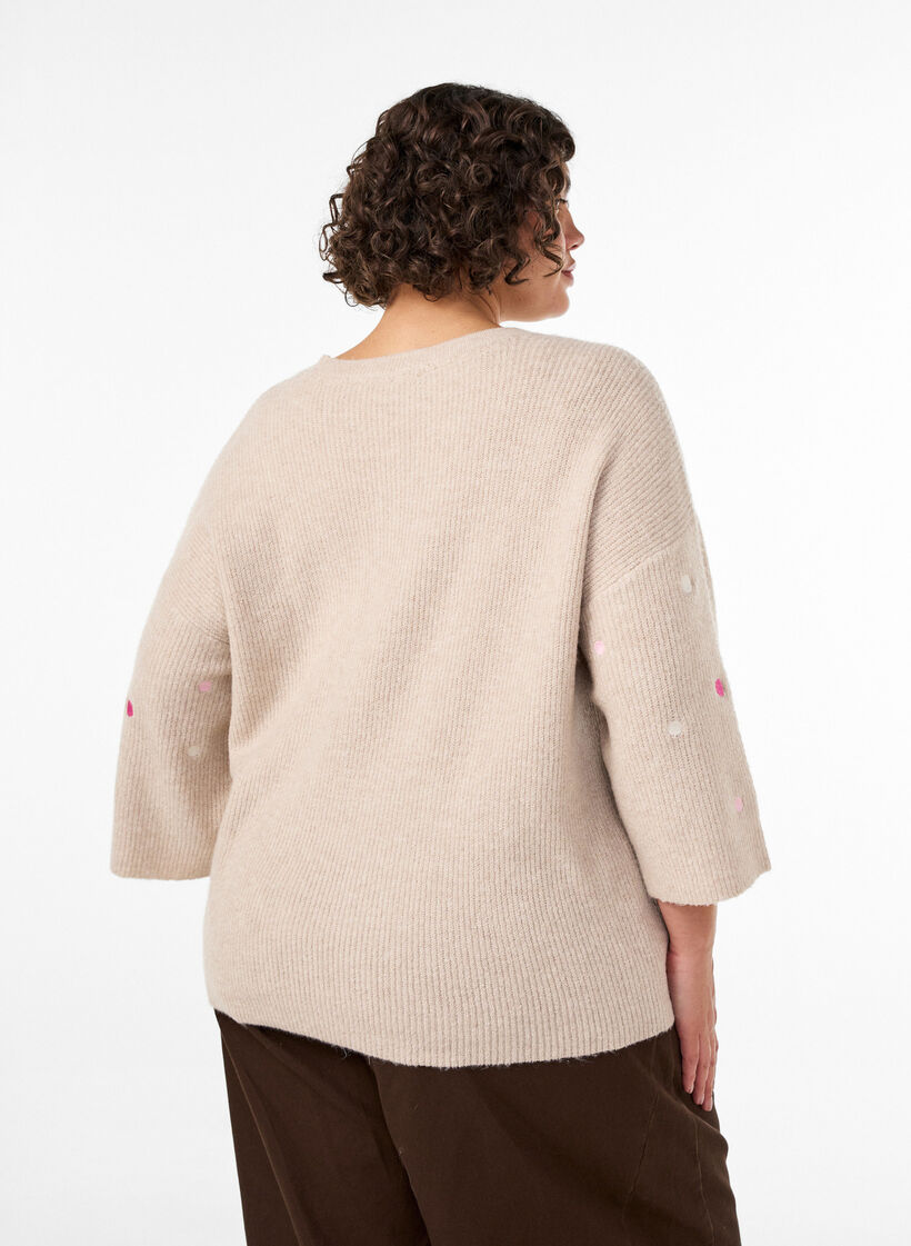 Stickad blus med sm&aring; broderade motiv, Beige, Model image number 2