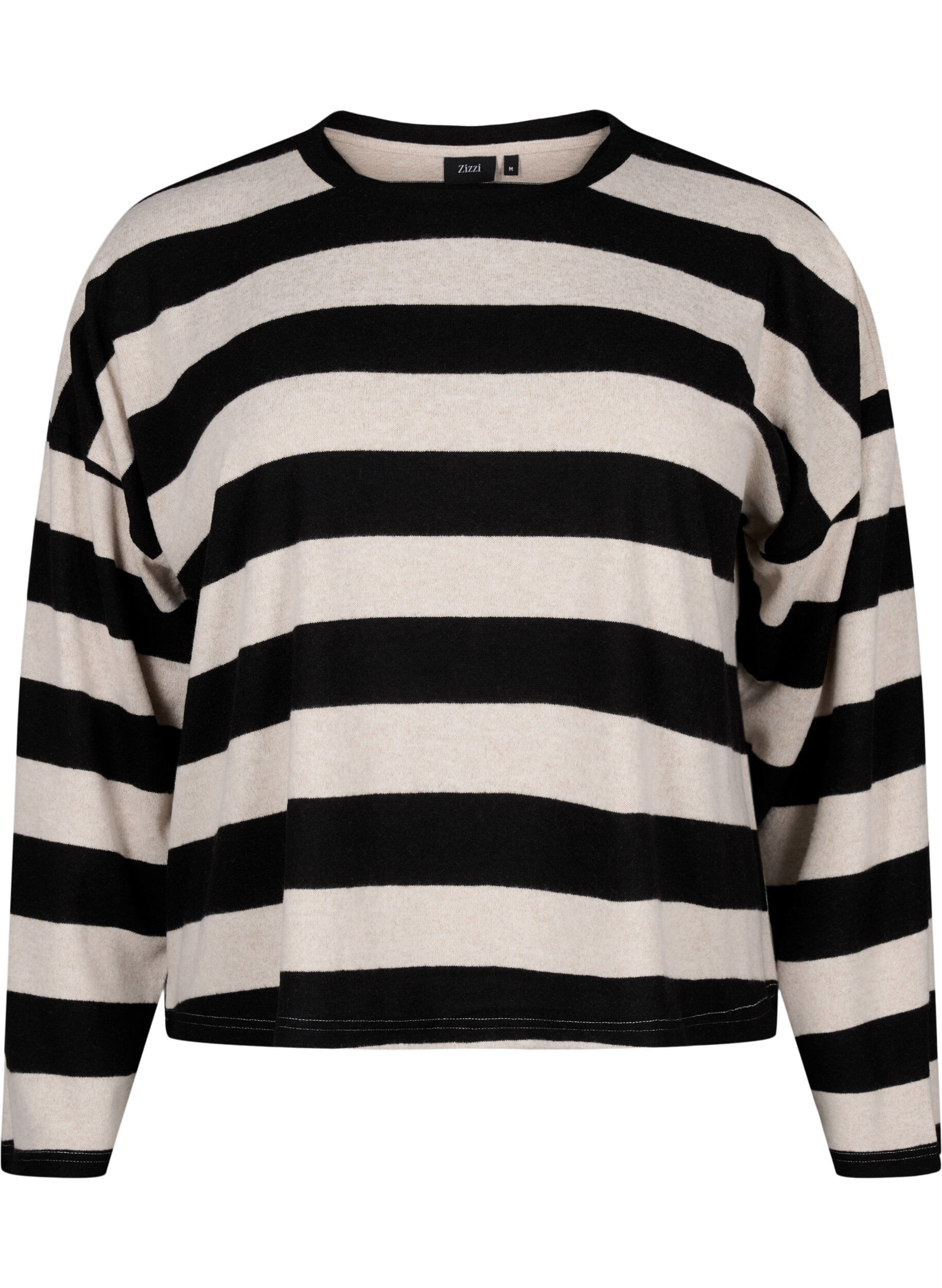 Zizzi L&aring;ng&auml;rmad blus med r&auml;nder, Bl. Beige Mel.Stripe, Packshot image number 0