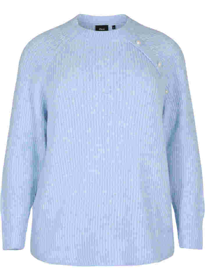 Melerad stickad tröja med pärlknappar, Light Blue Mel., Packshot image number 0