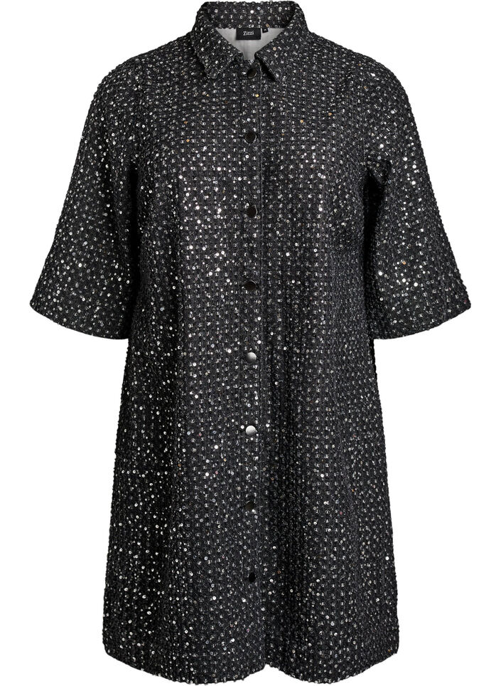 Kl&auml;nning i denim med paljetter och 3/4-&auml;rmar, Svart, Packshot image number 0