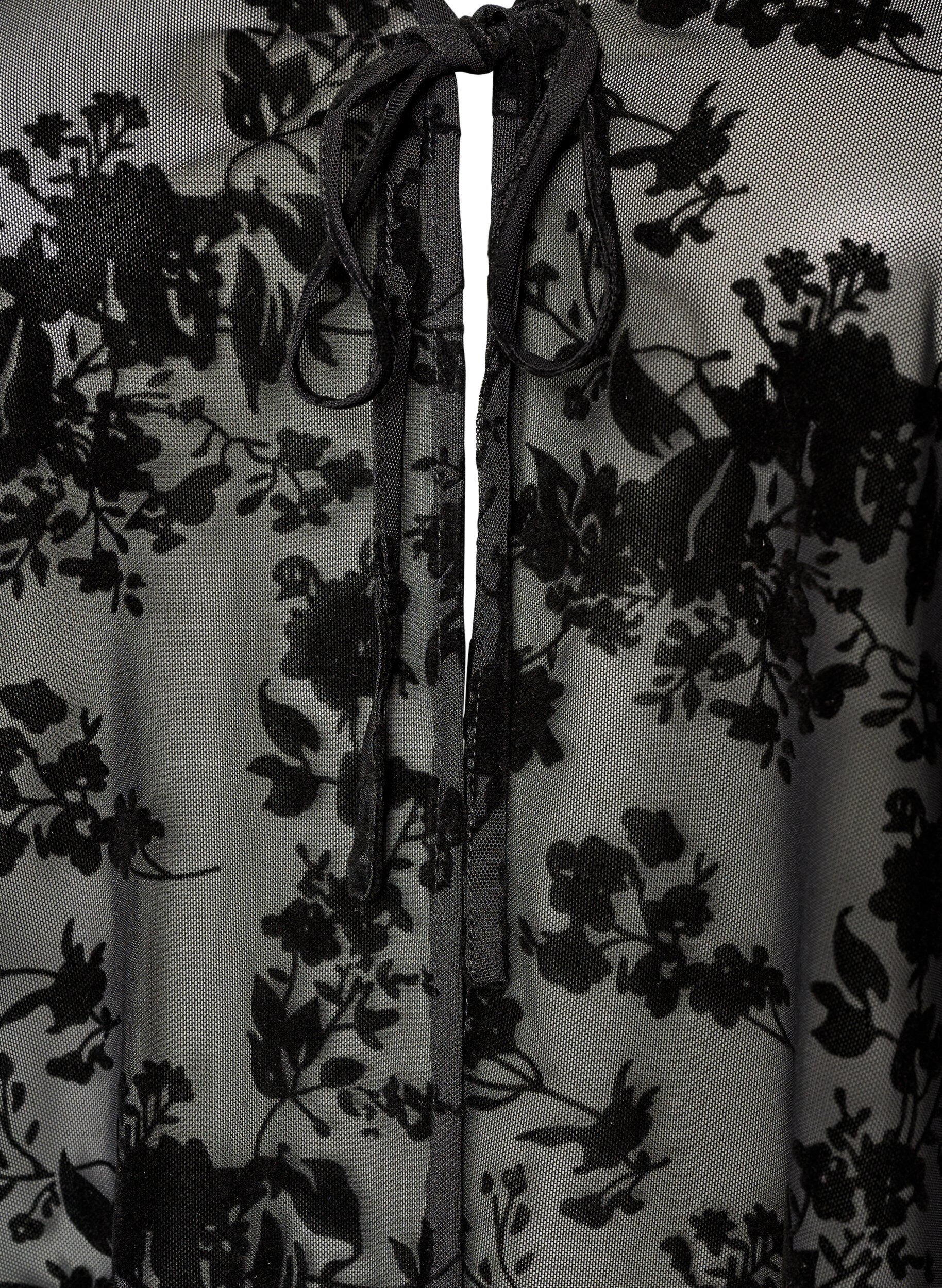ZizziMeshblus med blomm&ouml;nster och &ouml;ppen front, Svart, Packshot image number 2