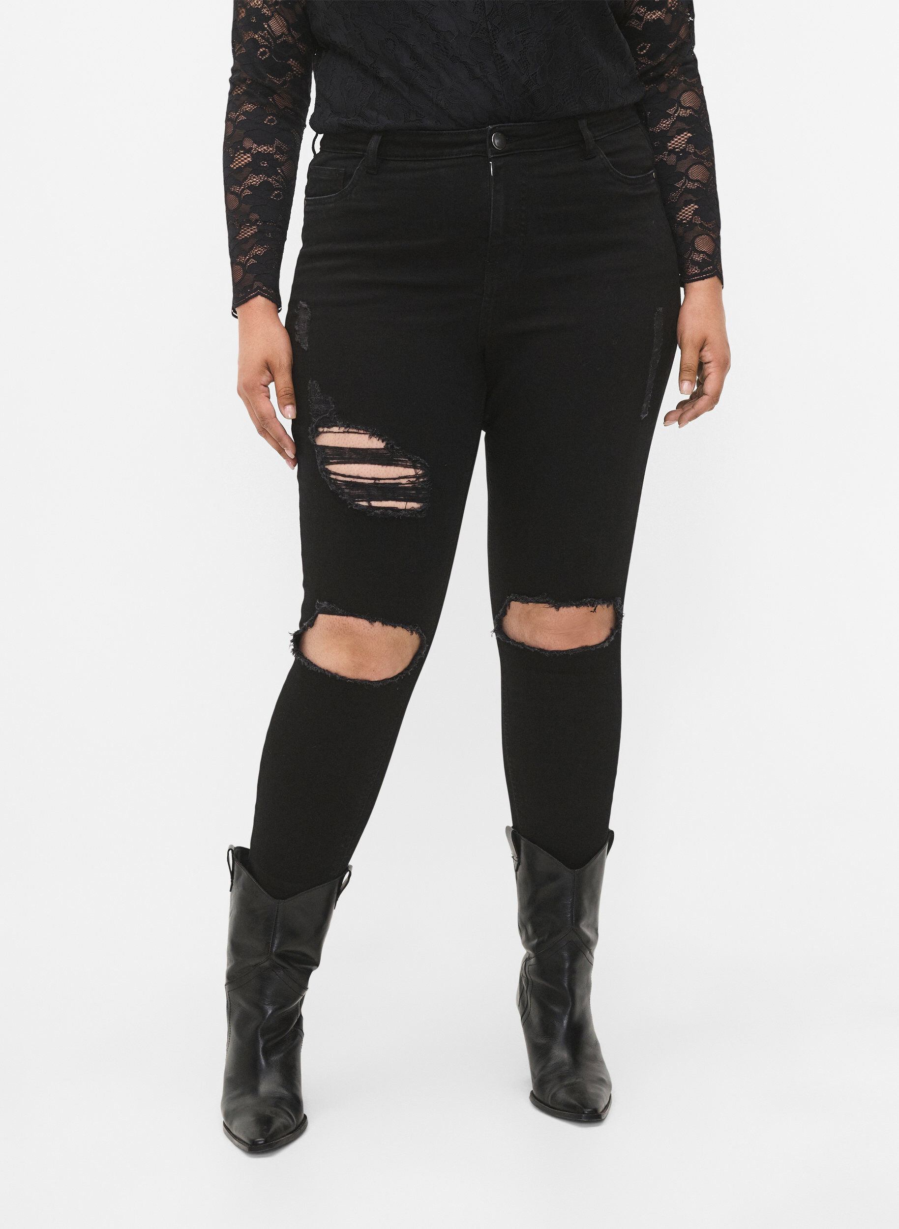 Zizzi Kroppsn&auml;ra jeans med slitdetaljer, Black, Model image number 2