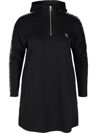 Klänning i sweatshirtmaterial med huva och stor ficka, Black, Packshot image number 0