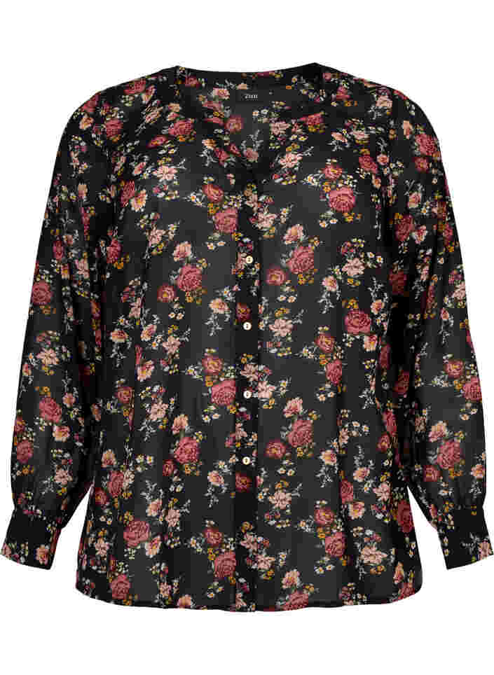 Skjorta med v-ringning och mönster, Black/Red Flower, Packshot image number 0