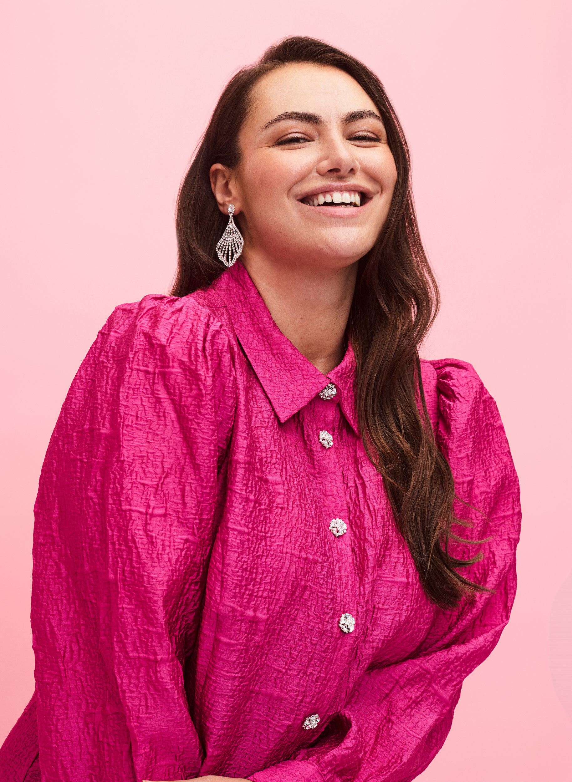 Zizzi Skjortkl&auml;nning med textur och p&auml;rlknappar, Cactus Flower, Model image number 2