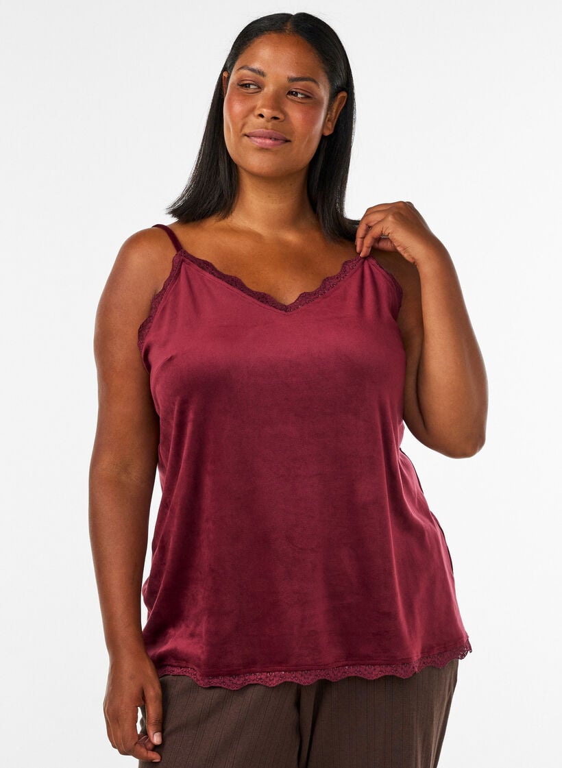 Topp i velour med spetskant, R&ouml;d, Model image number 0