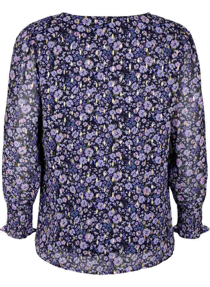 Blommig blus med långa ärmar och v-hals, Purple Ditzy Flower, Packshot image number 1