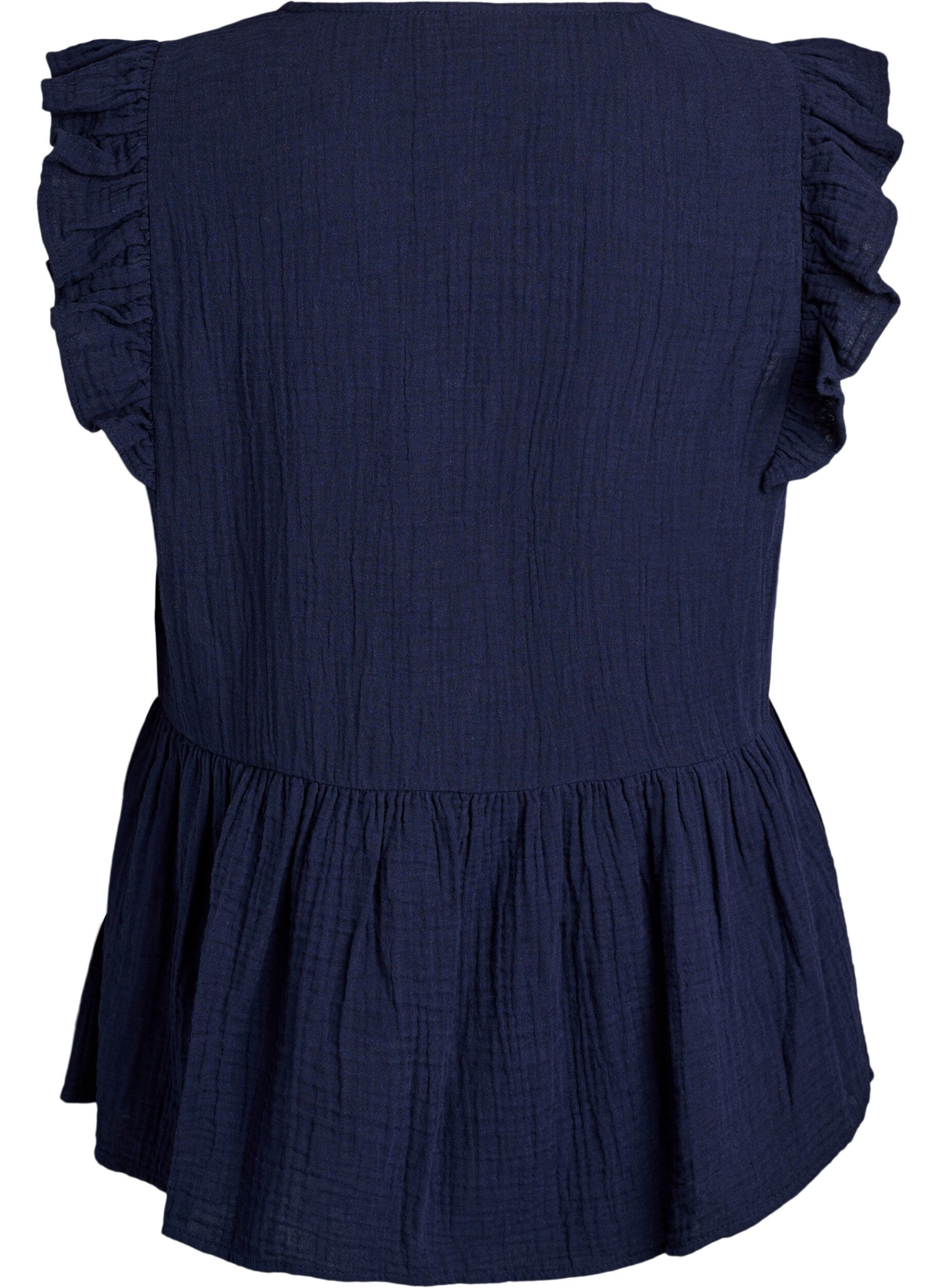 Zizzi&Auml;rml&ouml;s blus i bomullsmuslin med volanger, Bl&aring;, Packshot image number 1
