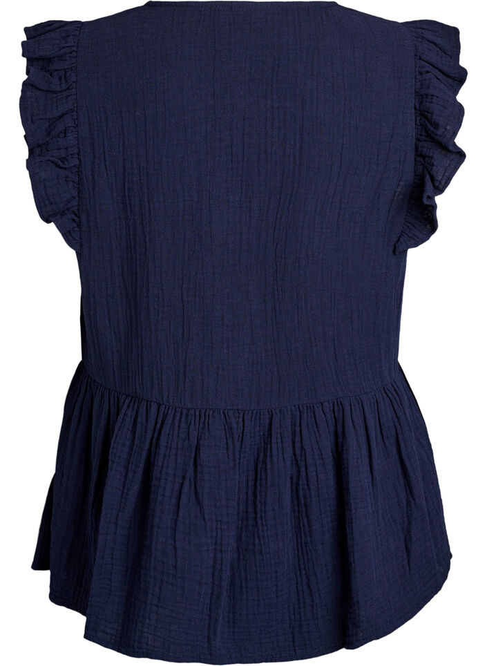 &Auml;rml&ouml;s blus i bomullsmuslin med volanger, Bl&aring;, Packshot image number 1