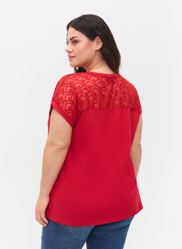 Kortärmad t-shirt av bomull med spets, Tango Red, Model image number 1