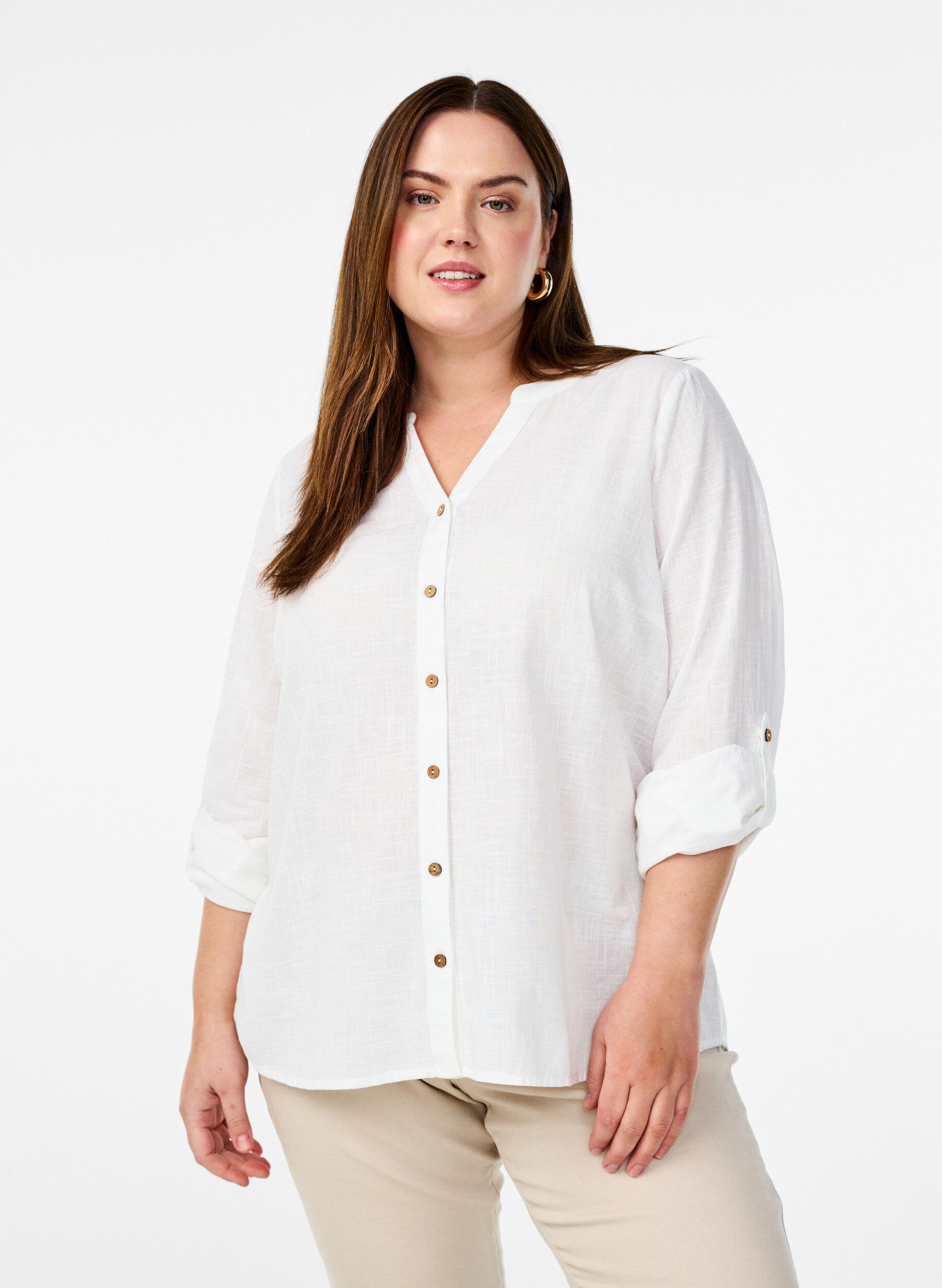 ZizziBomullsblus med v-ringning, Vit, Model image number 0