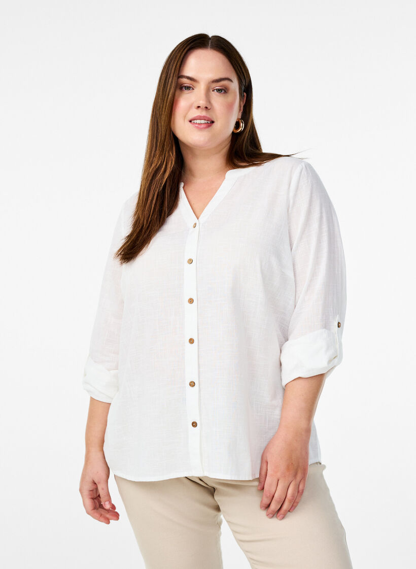 Bomullsblus med v-ringning, Vit, Model image number 0
