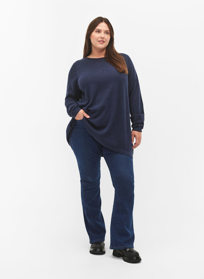 Stickad blus i bomull-viskosblandning, Blå, Model image number 1