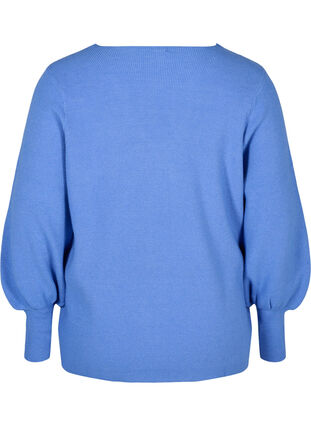 Stickad tröja med v-ringad hals och ballongärmar, Ultramarine Mel, Packshot image number 1
