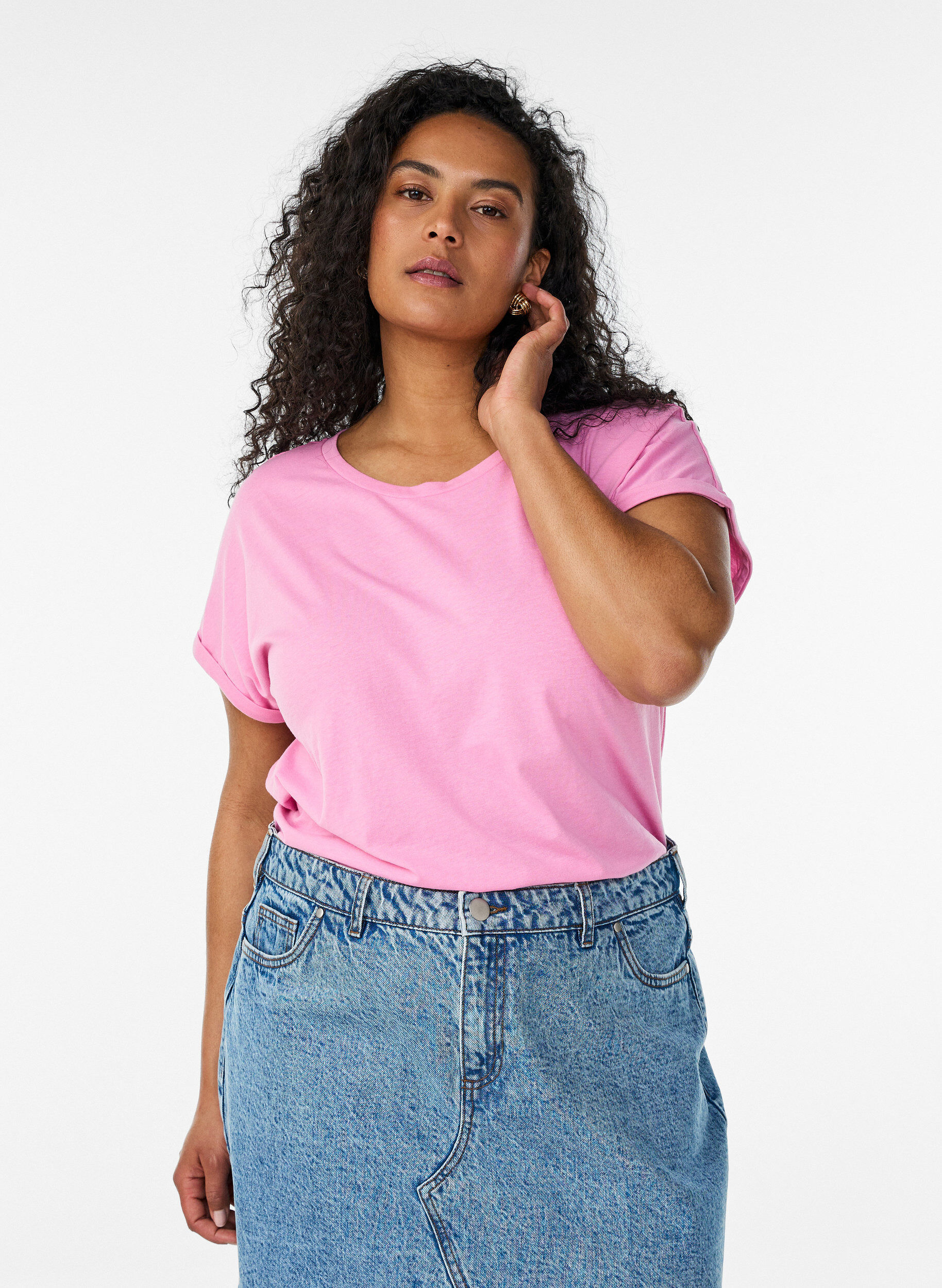 Kort&auml;rmad t-shirt i bomullsmix, Rosa, Model
