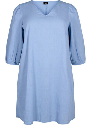 Kort klänning i bomullsblandning med linne, Faded Denim, Packshot image number 0
