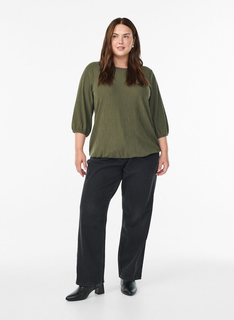 Blus med struktur och 3/4-&auml;rmar, Gr&ouml;n, Model image number 1