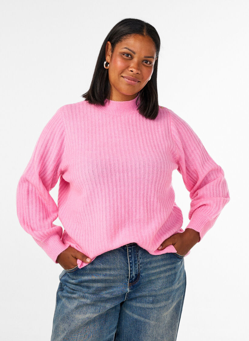 Ribbstickad tr&ouml;ja med puff&auml;rmar och knappar, Rosa, Model image number 0