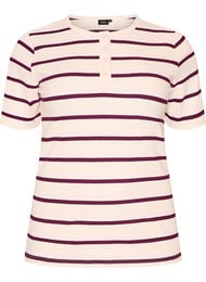 Ribbad t-shirt med r&auml;nder och knappdetalj, Lila