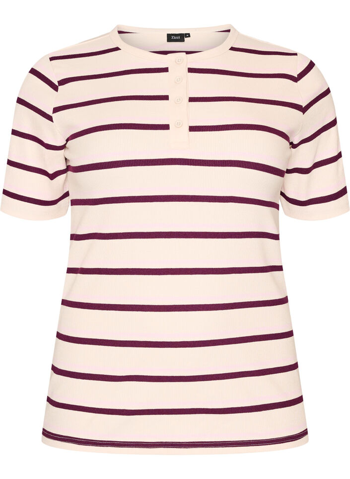 Ribbad t-shirt med r&auml;nder och knappdetalj, Lila, Packshot image number 0