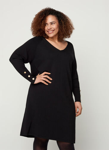 Enfärgad stickad klänning i viskosmix, Black, Model image number 0