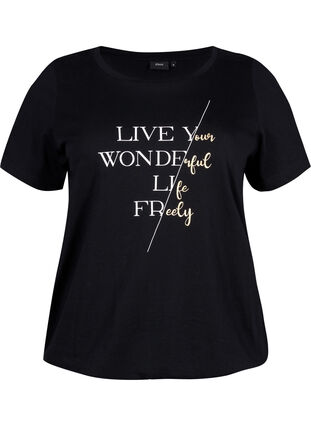 Kortärmad t-shirt i bomull med elastisk kant, Black w. Live, Packshot image number 0