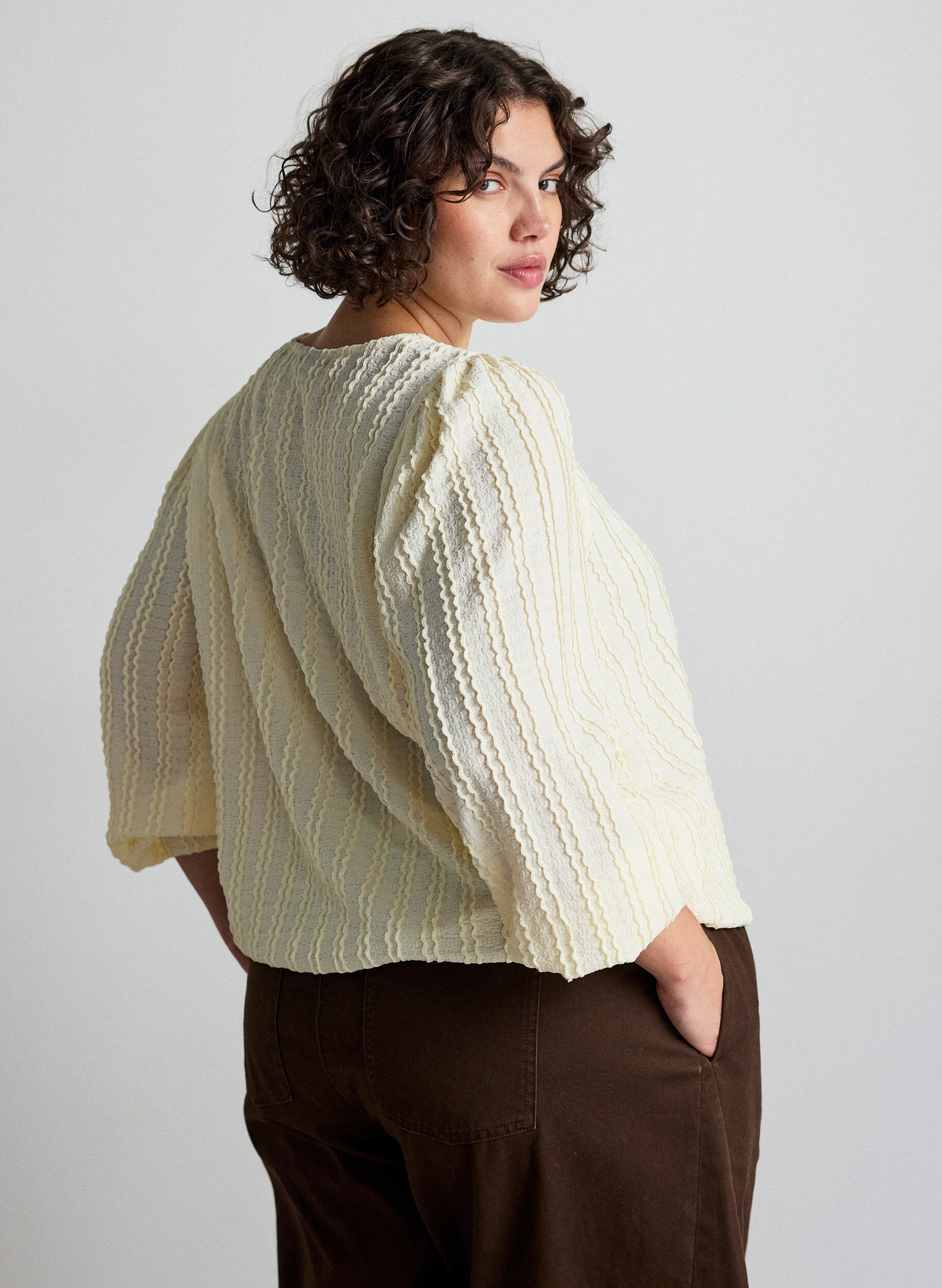ZizziJerseyblus med struktur och ballongsilhuett, Vanilla, Model image number 2