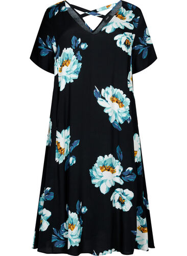 Blommig klänning i viskos med korta ärmar, Black Big Flower, Packshot image number 0