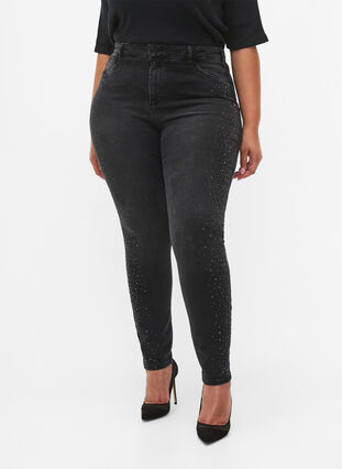 Amy-jeans med hög midja och strass, Grey Denim, Model image number 2