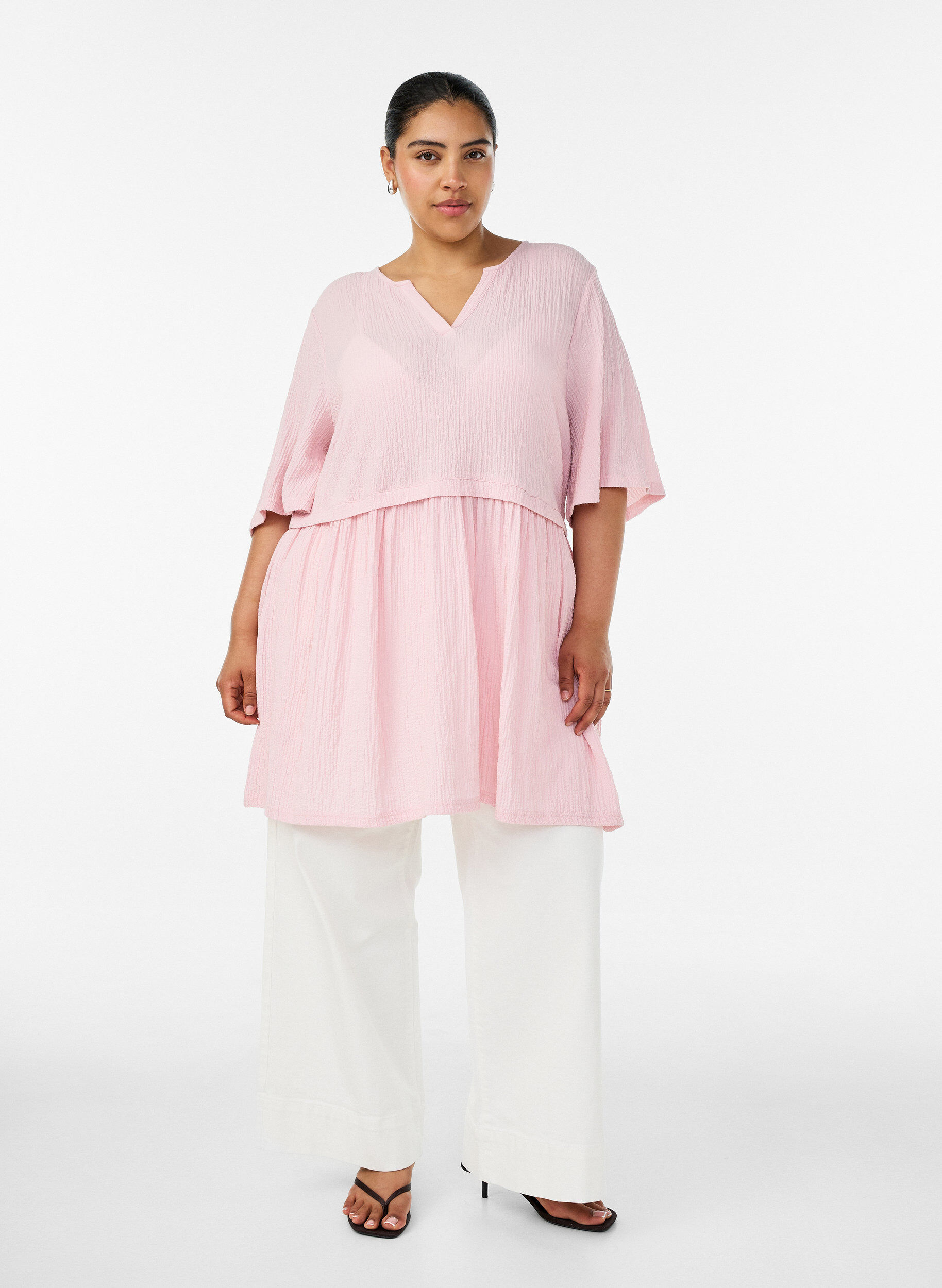 ZizziTunika med krinklad textur och halvl&aring;nga &auml;rmar, Rosa, Model image number 1