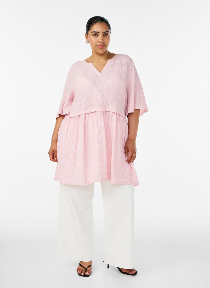 Tunika med krinklad textur och halvl&aring;nga &auml;rmar, Rosa, Model image number 1