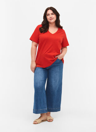 Kortärmad enkel t-shirt med v-ringning, Flame Scarlet, Model image number 2