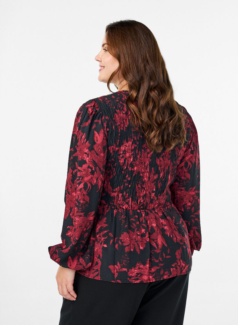 Blus med smock och långa ärmar, Svart, Model image number 2