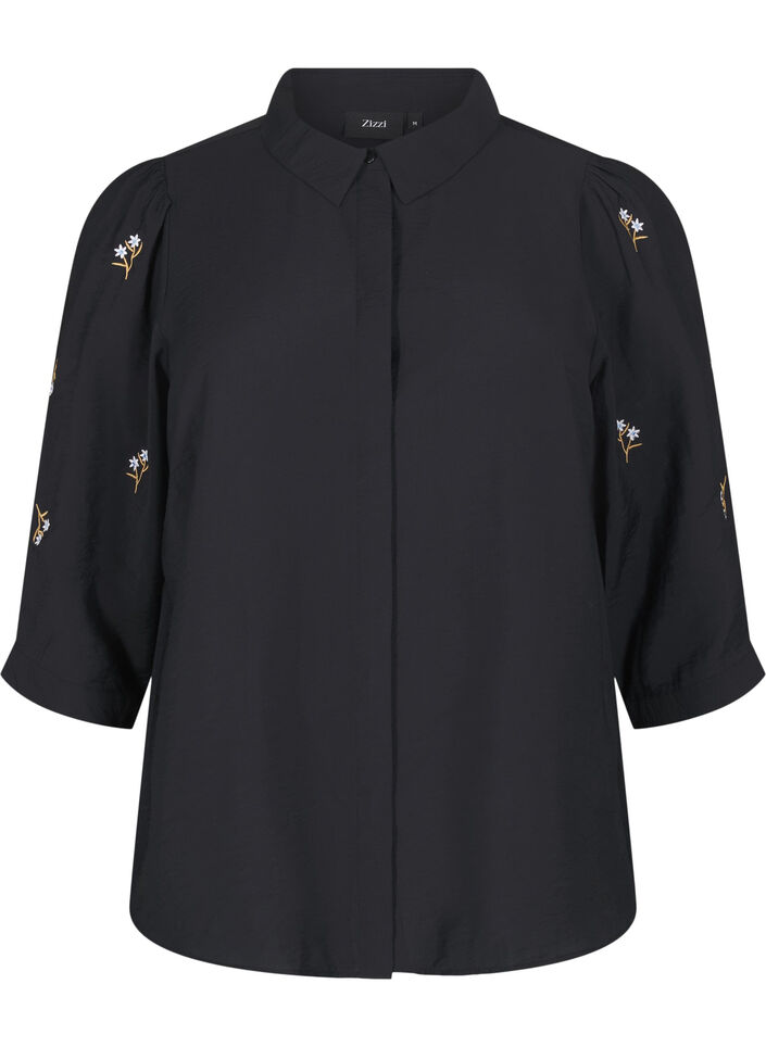 Blus med 3/4-ärm och blommig broderi, Black, Packshot image number 0