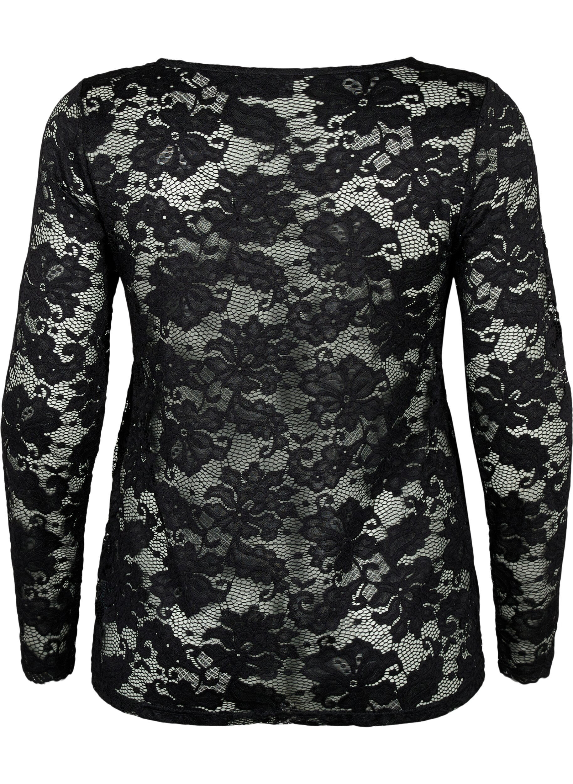 Zizzi L&aring;ng&auml;rmad spetsblus med V-ringning, Black, Packshot image number 1