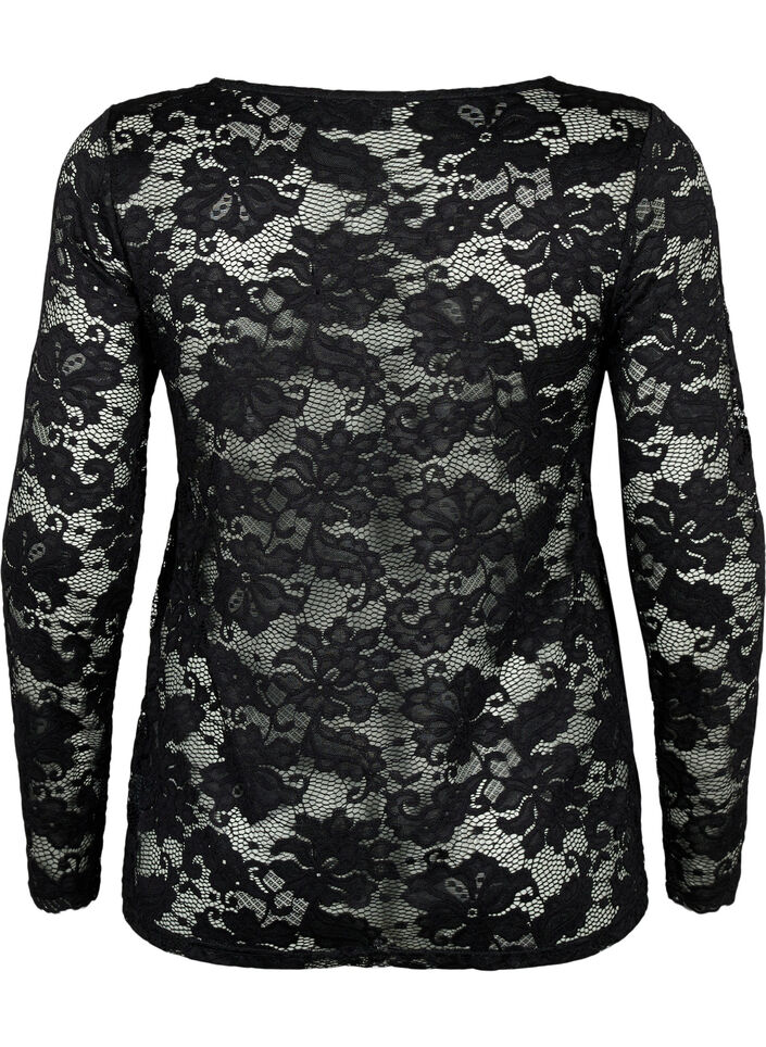 Långärmad spetsblus med V-ringning, Black, Packshot image number 1