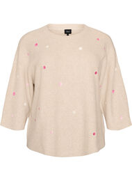 Stickad blus med sm&aring; broderade motiv, Beige