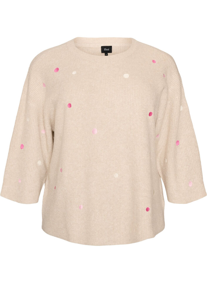 Stickad blus med sm&aring; broderade motiv, Beige, Packshot image number 0