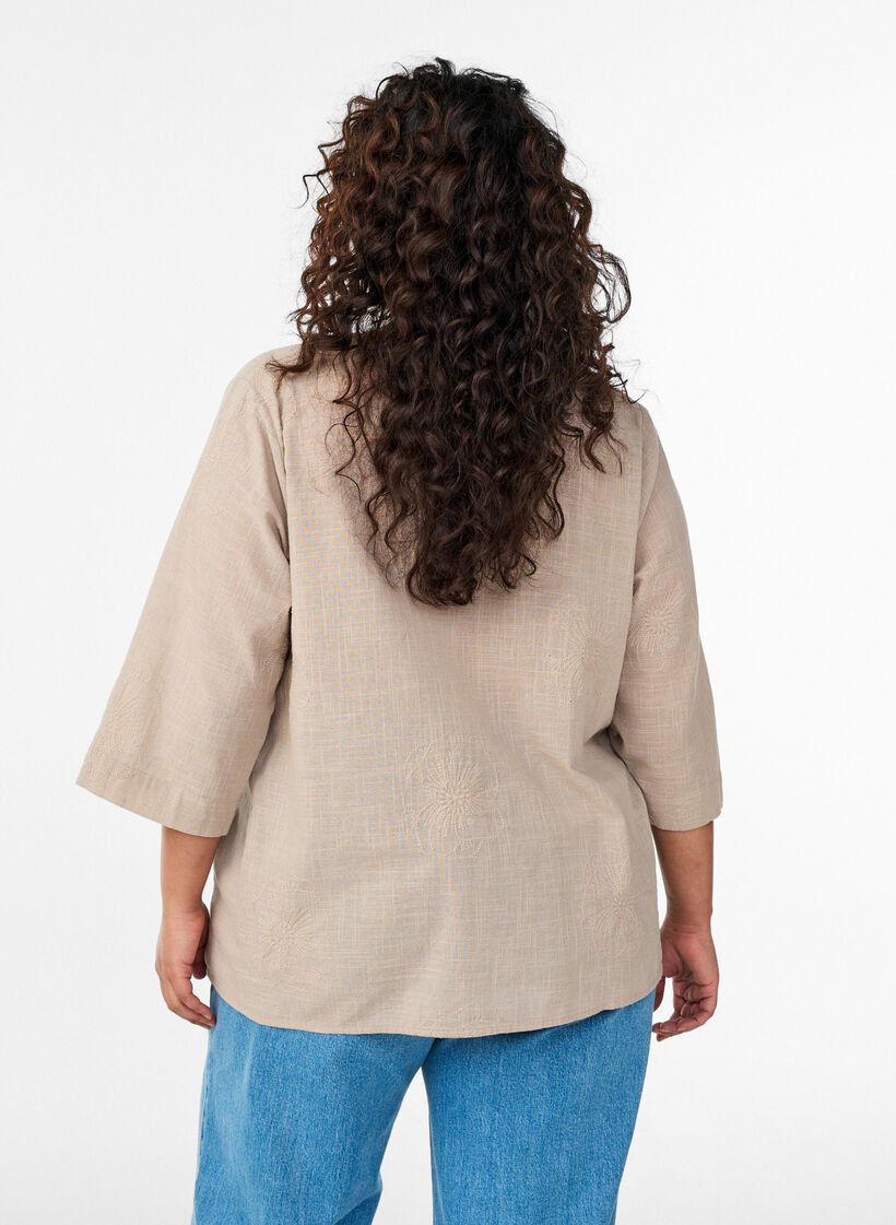 Blus i bomull med broderade detaljer och 3/4-&auml;rmar, Beige, Model image number 2