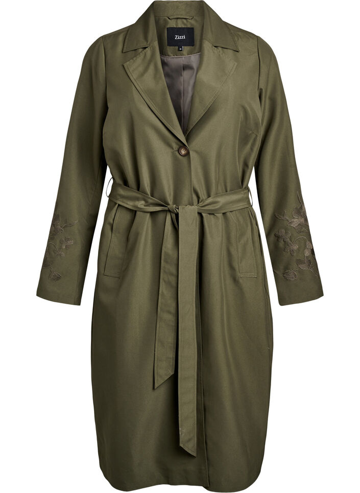 Lång trenchcoat med broderi, Grön, Packshot image number 0