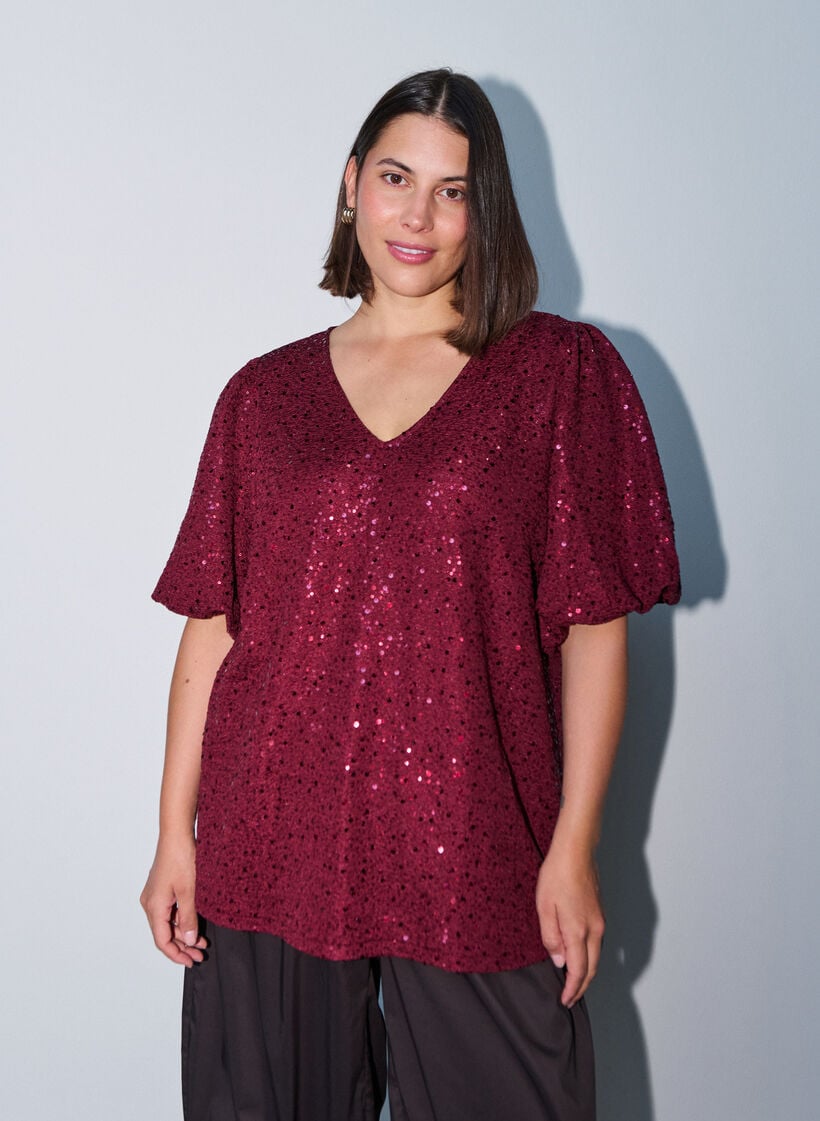 Paljettblus med ballong&auml;rmar, R&ouml;d, Model image number 0