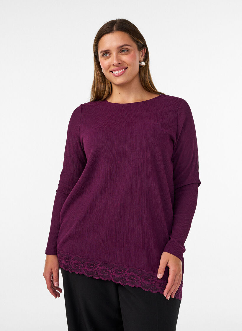 Blus i jersey med asymmetrisk spetskant, Lila, Model image number 0