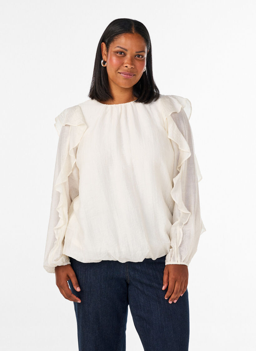 Blus med volanger och ballongform, Vanilla, Model image number 0