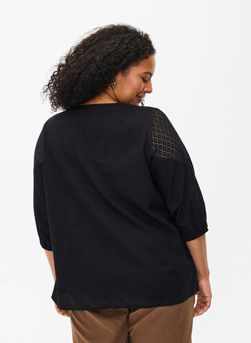 Blus i bomullsblandning med linne och virkade detaljer, Black, Model image number 1